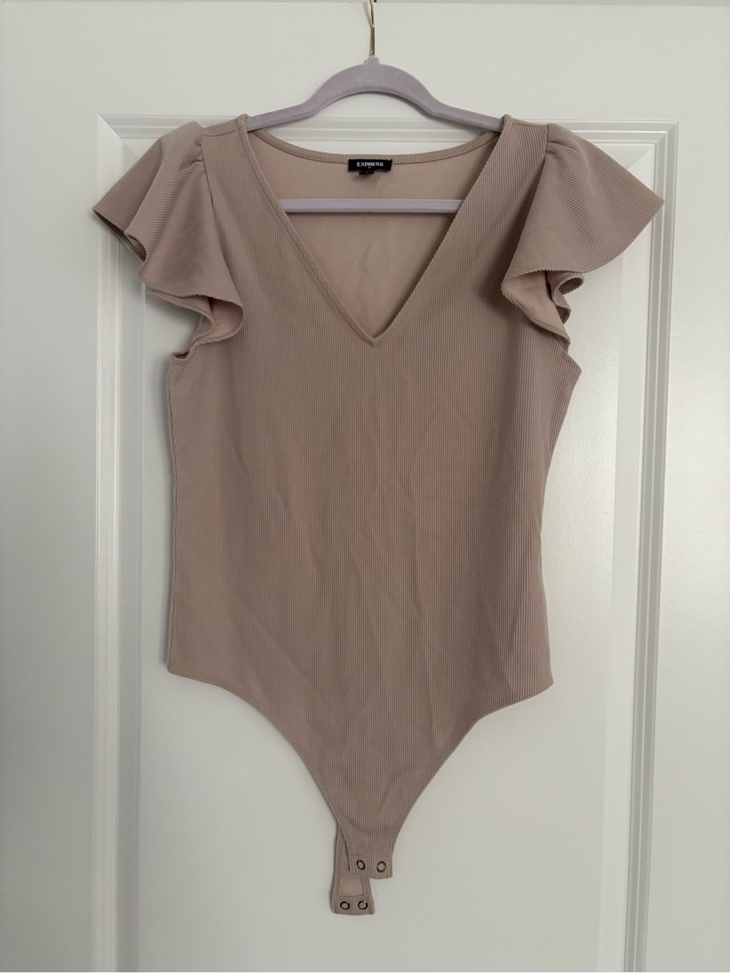 Express Taupe Ruffle Sleeve V-Neck Bodysuit